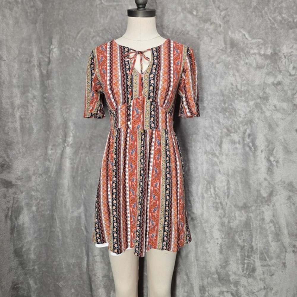 Blue Rain Floral‎ Print Mini Dress Tie Neck Short Sleeve Boho Babydoll Sz Small